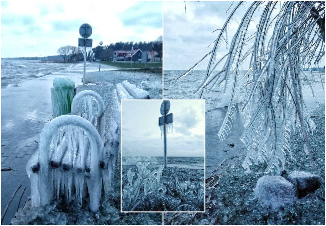 Kūryba: nukritus oro temperatūrai, vyraujant smarkiam vėjui ir besitaškant Kuršių marių vandeniui, atsirado štai tokie įspūdingi ledo kūriniai.