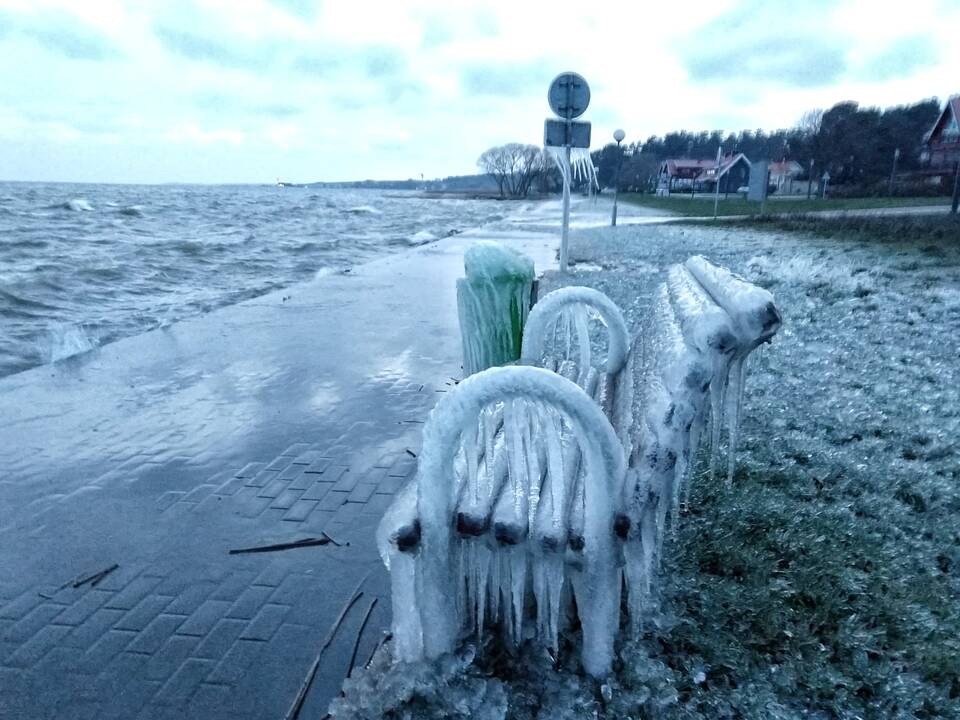 Kūryba: nukritus oro temperatūrai, vyraujant smarkiam vėjui ir besitaškant Kuršių marių vandeniui, atsirado štai tokie įspūdingi ledo kūriniai.