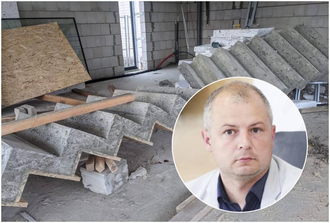 Nelaimė: statomame name žmogų užgriuvo betoniniai laiptai, medikai skubėjo jį gelbėti.