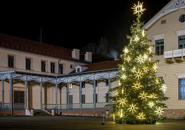 Simboliai: Palangos centre sušvitusi Kalėdų eglė papuošta M. K. Čiurlionio paveikslo „Saulės sonata“ motyvais.