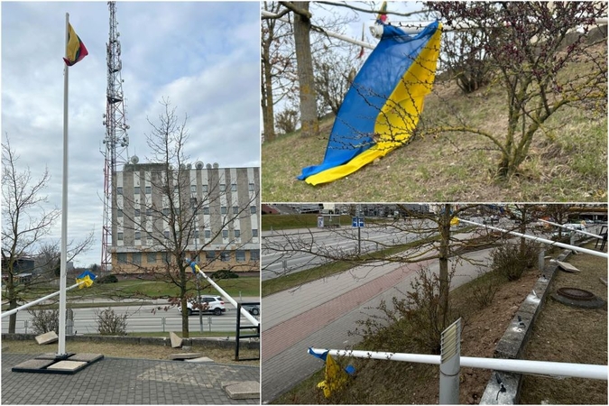 Mažeikiuose – vandalizmo atvejis: nuversti vėliavų stiebai su Ukrainos vėliavomis