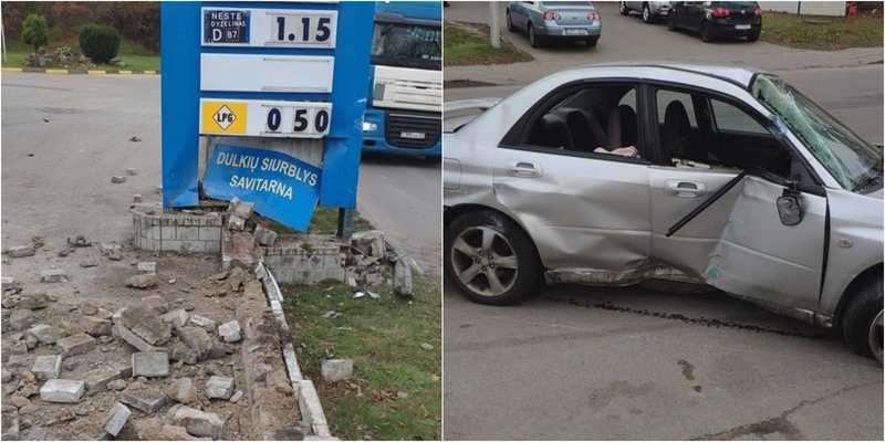 Nelaimė Vilniaus degalinėje: automobilis rėžėsi į stendą