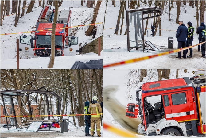 Į gaisrą skubėję ugniagesiai Panemunėje rėžėsi į stotelę: sužalota moteris