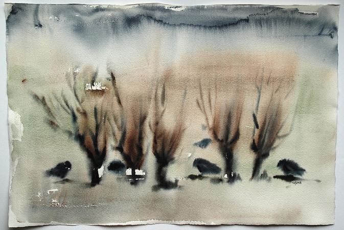 T.Simanaitienės akvarelė „Varnų puota“ (2014).
