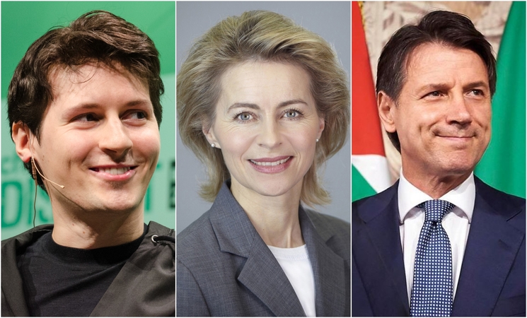 Iš kairės: P. Durovas, U. van der Leyen ir G. Conte