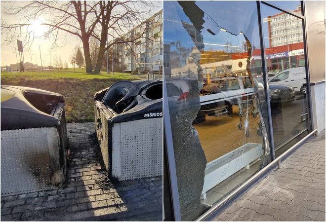 Pėdsakai: įtariama, kad požeminių konteinerių gaisrą sukėlė ir langus daužė tas pats asmuo.